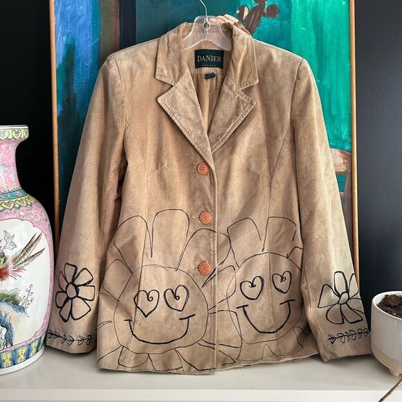 Danier Jackets & Blazers - Danier Tan Leather Jacket with Floral Design Hand Drawn Small